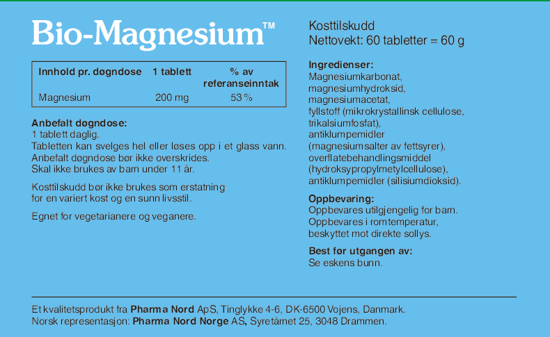 Pharma Nord Bio-Magnesium, bakside av esken med 60 tabletter og innholdsfortegnelse