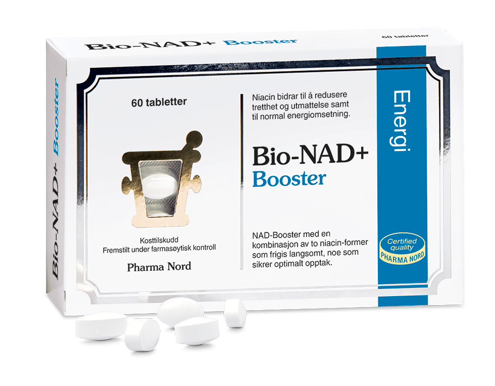 Pharma Nord Bio-NAD+ Booster, eske med 60 tabletter og hvite tabletter foran