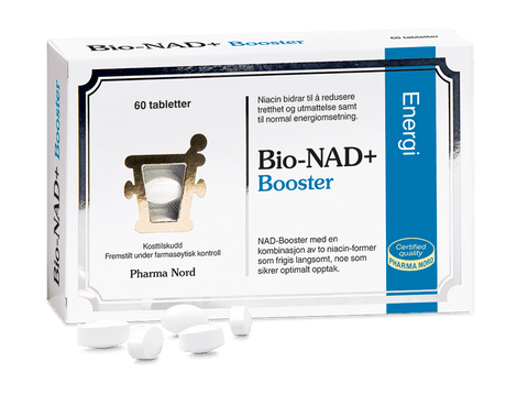 Pharma Nord Bio-NAD+ Booster, eske med 60 tabletter og hvite tabletter foran