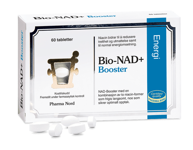 Pharma Nord Bio-NAD+ Booster, eske med 60 tabletter og hvite tabletter foran Suztain.no