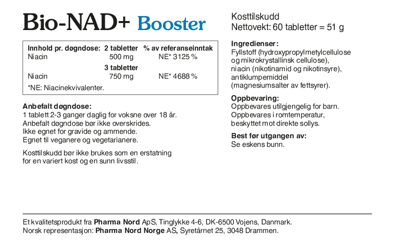 Pharma Nord Bio-NAD+ Booster, bakside av esken med 60 tabletter og innholdsfortegnelse