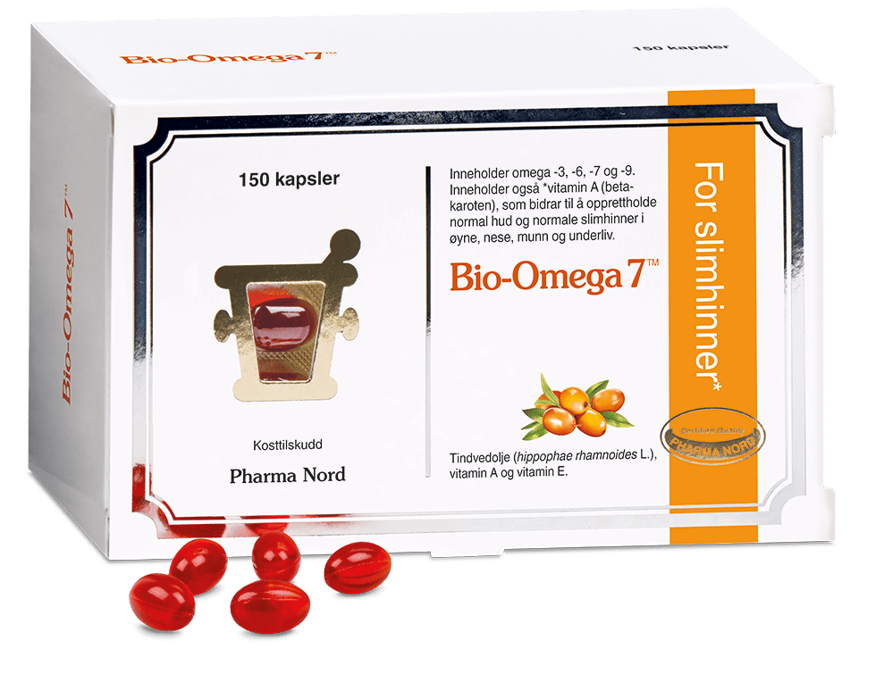 Pharma Nord Bio-Omega 7, eske med 150 kapsler og røde Omega-7-kapsler foran