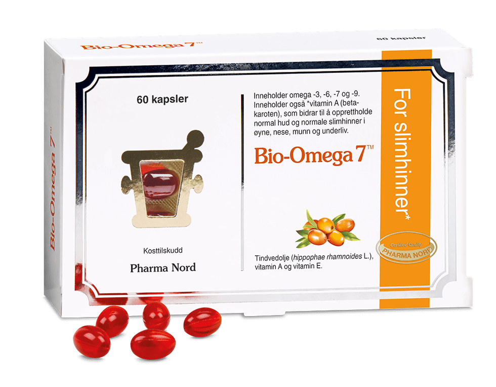 Pharma Nord Bio-Omega 7, eske med 60 kapsler og røde Omega-7-kapsler foran