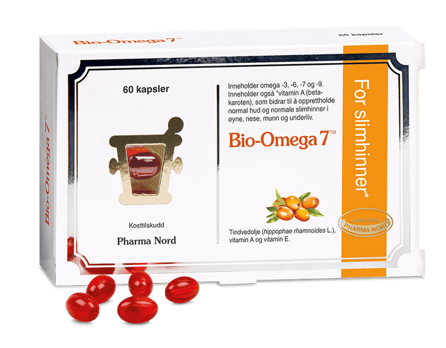 Pharma Nord Bio-Omega 7, eske med 60 kapsler og røde Omega-7-kapsler foran Suztain.no