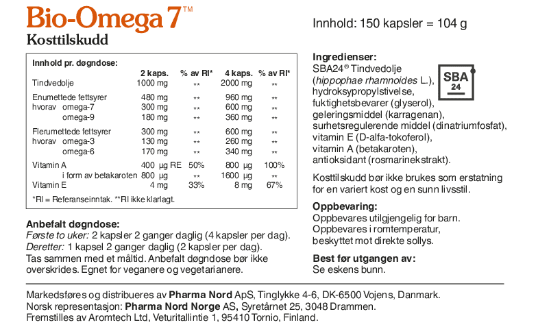 Pharma Nord Bio-Omega 7, bakside av esken med 150 kapsler og innholdsfortegnelse