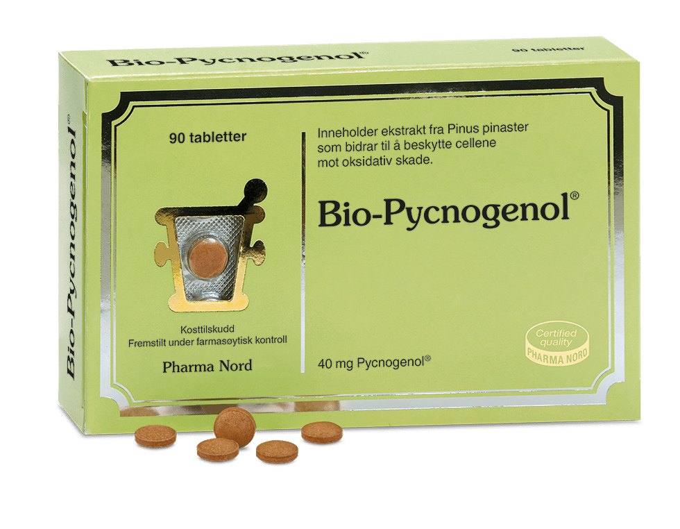 Pharma Nord Bio-Pycnogenol, eske med 90 tabletter og rødbrune tabletter foran