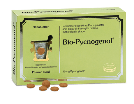 Pharma Nord Bio-Pycnogenol, eske med 90 tabletter og rødbrune tabletter foran