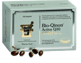 Pharma Nord Bio-Qinon Active Q10 Gold 100 mg, eske med 150 kapsler og brune Q10-kapsler foran