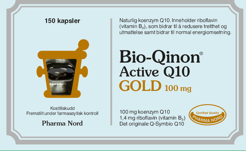 Pharma Nord Bio-Qinon Active Q10 Gold 100 mg, forside av brun eske med 150 kapsler