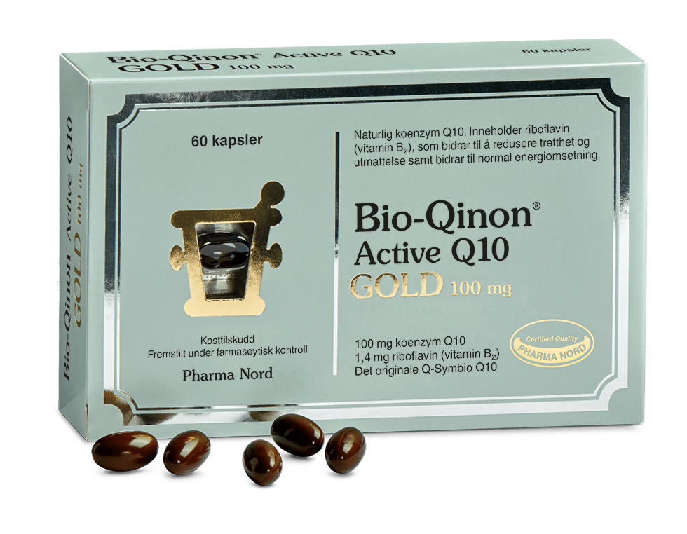 Pharma Nord Bio-Qinon Active Q10 Gold 100 mg, eske med 60 kapsler og brune Q10-kapsler foran