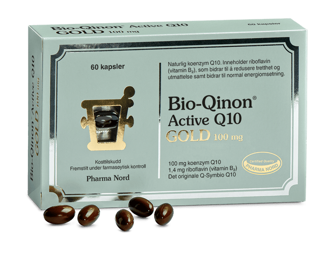Pharma Nord Bio-Qinon Active Q10 Gold 100 mg, eske med 60 kapsler og brune Q10-kapsler foran Suztain.no