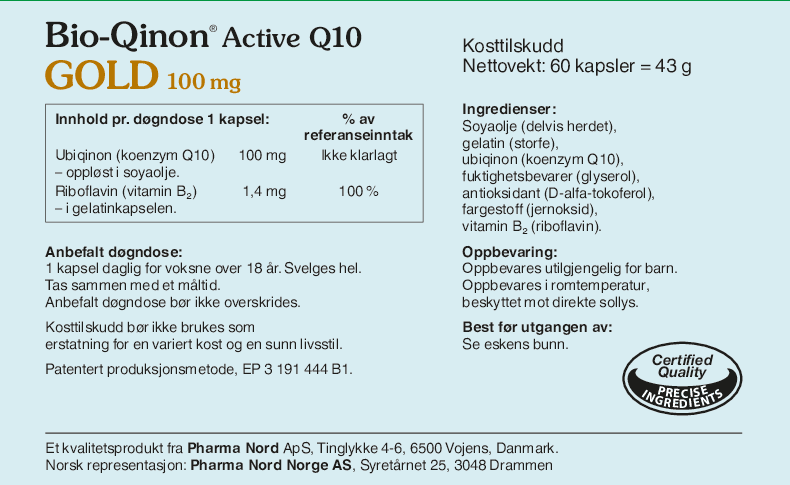 Pharma Nord Bio-Qinon Active Q10 Gold 100 mg, bakside av esken med 60 kapsler og innholdsfortegnelse