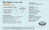 Pharma Nord Bio-Qinon Active Q10 Gold 100 mg, bakside av esken med 60 kapsler og innholdsfortegnelse