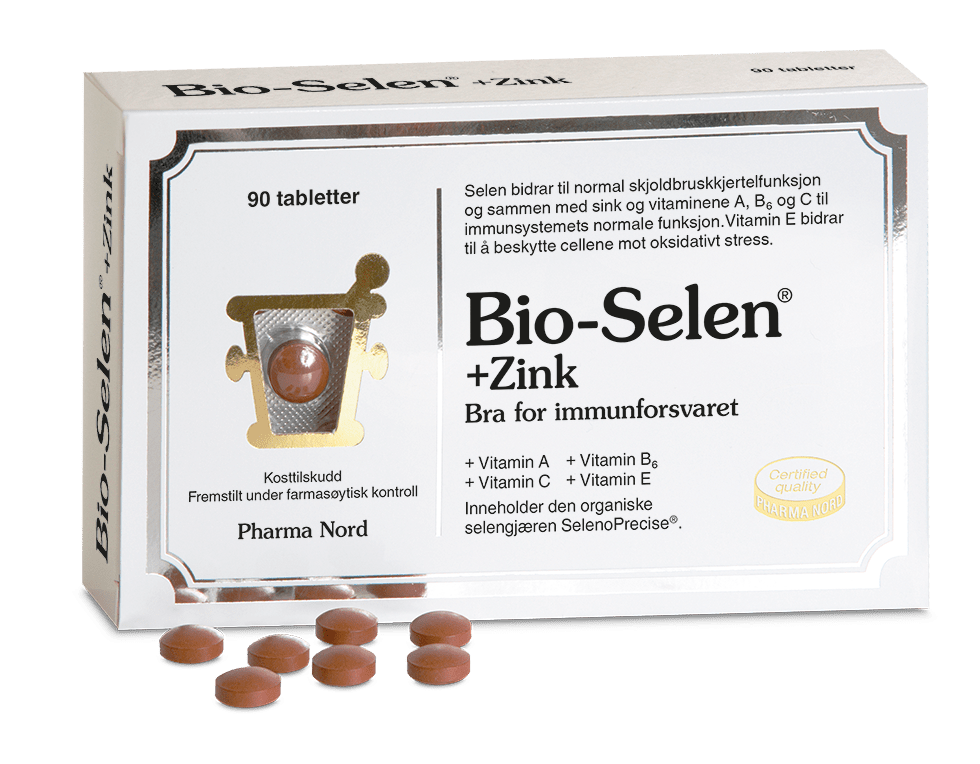 Pharma Nord Bio-Selen+Zink, eske med 90 tabletter og rødbrune tabletter foran