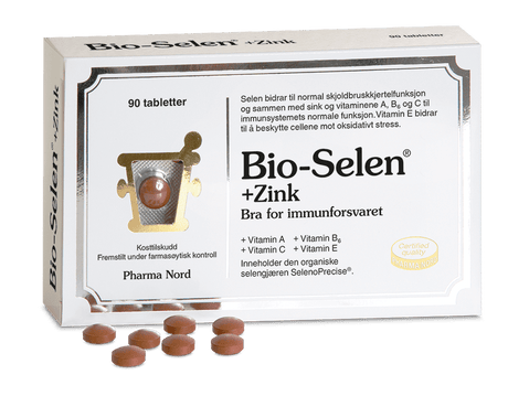 Pharma Nord Bio-Selen+Zink, eske med 90 tabletter og rødbrune tabletter foran
