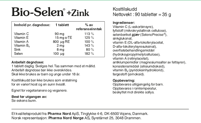 Pharma Nord Bio-Selen+Zink, bakside av esken med 90 tabletter og innholdsfortegnelse
