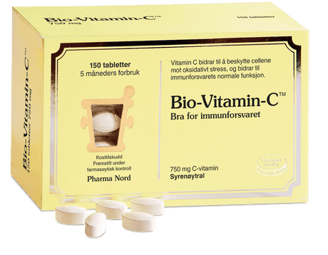 Pharma Nord Bio-Vitamin-C 750 mg, eske med 150 tabletter og lyse tabletter foran