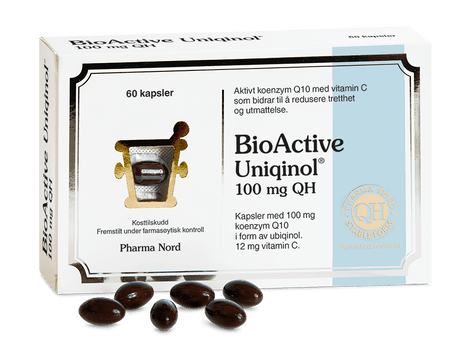 Pharma Nord BioActive Uniqinol 100 mg, eske med 60 kapsler og mørke Q10-kapsler foran