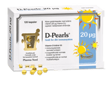 Pharma Nord D-Pearls 20 µg, eske med 120 kapsler og gule D-perler foran