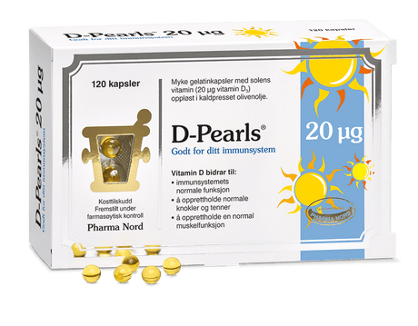 Pharma Nord D-Pearls 20 µg, eske med 120 kapsler og gule D-perler foran