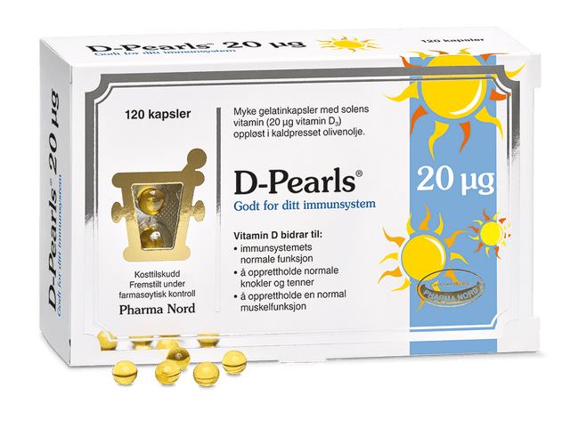 Pharma Nord D-Pearls 20 µg, eske med 120 kapsler og gule D-perler foran Suztain.no