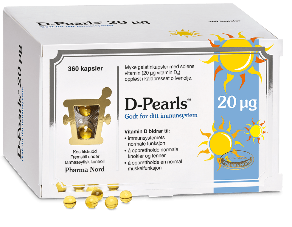 Pharma Nord D-Pearls 20 µg, eske med 360 kapsler og gule D-perler foran
