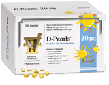 Pharma Nord D-Pearls 20 µg, eske med 360 kapsler og gule D-perler foran