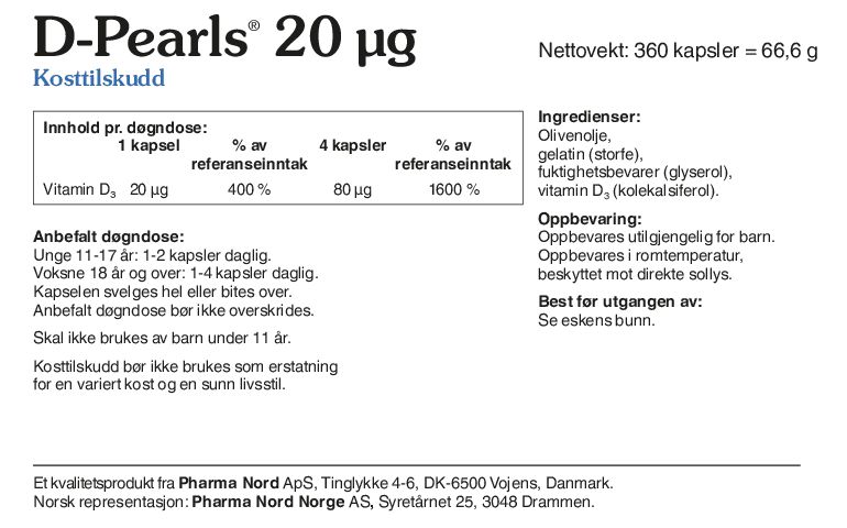 Pharma Nord D-Pearls 20 µg, bakside av esken med 360 kapsler og innholdsfortegnelse