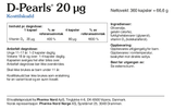 Pharma Nord D-Pearls 20 µg, bakside av esken med 360 kapsler og innholdsfortegnelse