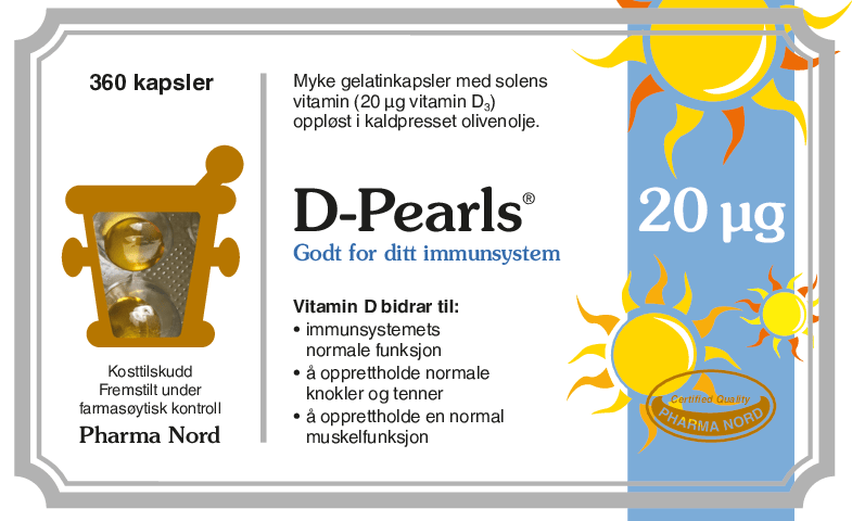 Pharma Nord D-Pearls 20 µg, forside av blå eske med 360 kapsler