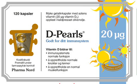 Pharma Nord D-Pearls 20 µg, forside av blå eske med 120 kapsler