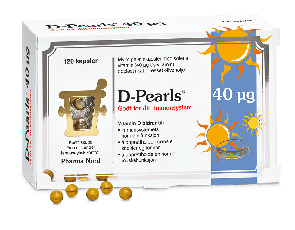 Pharma Nord D-Pearls 40 µg, eske med 120 kapsler og gule D-perler foran