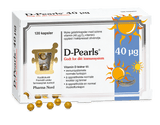 Pharma Nord D-Pearls 40 µg, eske med 120 kapsler og gule D-perler foran