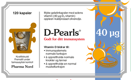 Pharma Nord D-Pearls 40 µg, forside av blå eske med 120 kapsler