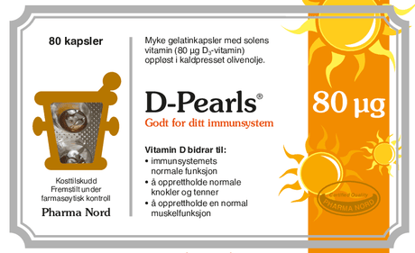 Pharma Nord D-Pearls 80 µg, forside av hvit eske med 80 kapsler