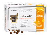 Pharma Nord D-Pearls 80 µg, eske med 80 kapsler og amberfargede D-perler foran