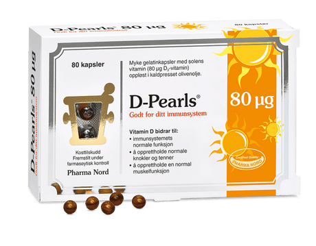 Pharma Nord D-Pearls 80 µg, eske med 80 kapsler og amberfargede D-perler foran