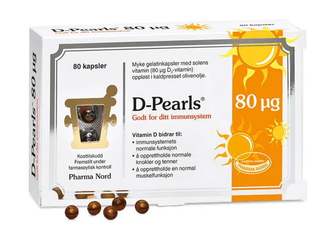Pharma Nord D-Pearls 80 µg, eske med 80 kapsler og amberfargede D-perler foran Suztain.no