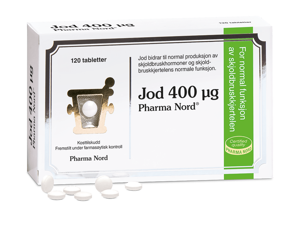 Pharma Nord Jod 400 µg 120 tabletter, hvit eske med grønn stripe, flere hvite tabletter foran