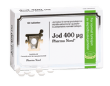 Pharma Nord Jod 400 µg 120 tabletter, hvit eske med grønn stripe, flere hvite tabletter foran