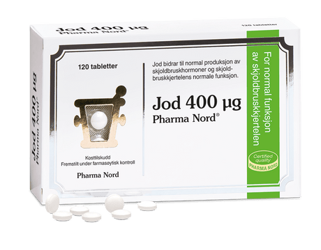 Pharma Nord Jod 400 µg 120 tabletter, hvit eske med grønn stripe, flere hvite tabletter foran