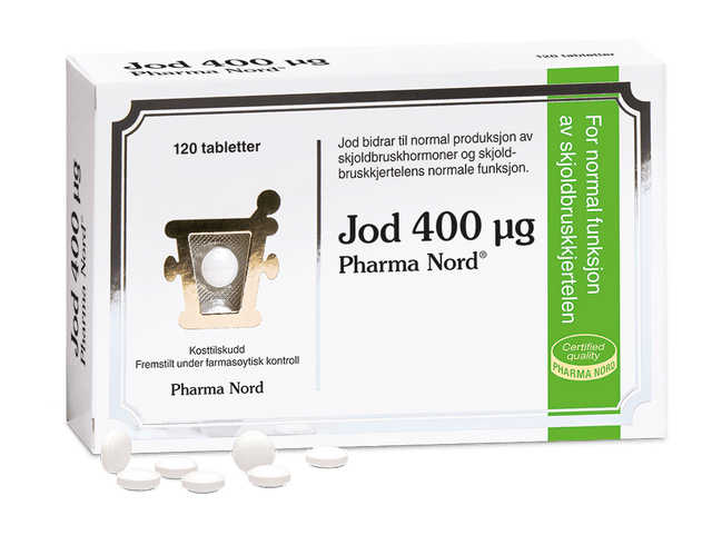 Pharma Nord Jod 400 µg 120 tabletter, hvit eske med grønn stripe, flere hvite tabletter foran Suztain.no