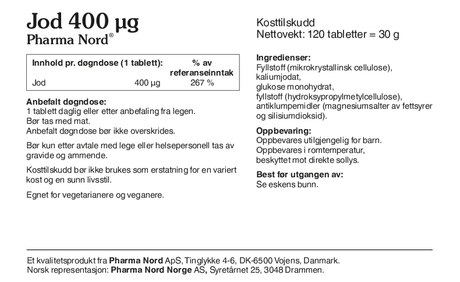 Pharma Nord Jod 400 µg etikett, hvit bakgrunn, svart tekst, 120 tabletter, kosttilskudd, norsk tekst