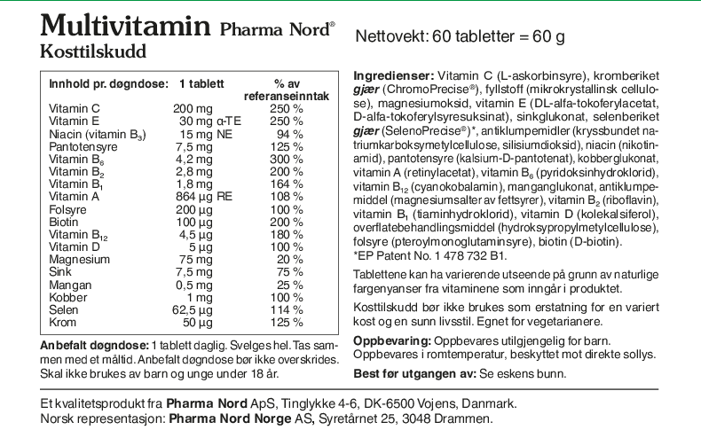 Pharma Nord Multivitamin, bakside av esken med 60 tabletter og innholdsfortegnelse