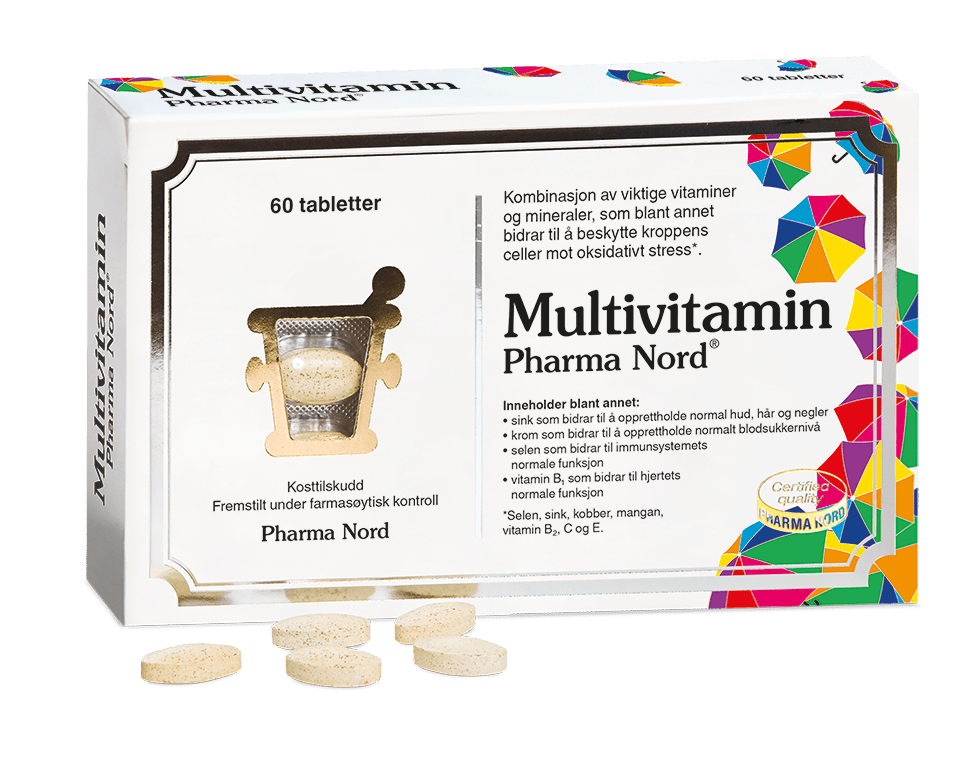 Pharma Nord Multivitamin, eske med 60 tabletter og lysebrune tabletter foran