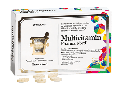 Pharma Nord Multivitamin, eske med 60 tabletter og lysebrune tabletter foran