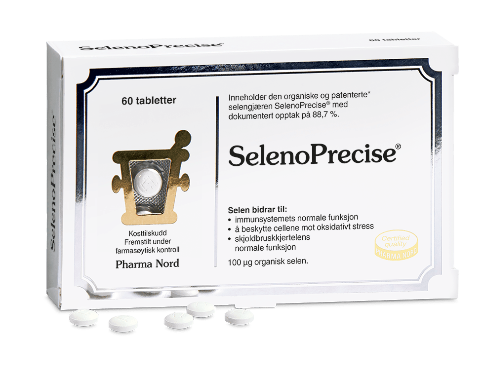 Pharma Nord SelenoPrecise, eske med 60 tabletter og brune tabletter foran