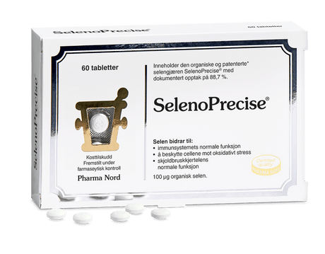 Pharma Nord SelenoPrecise, eske med 60 tabletter og brune tabletter foran