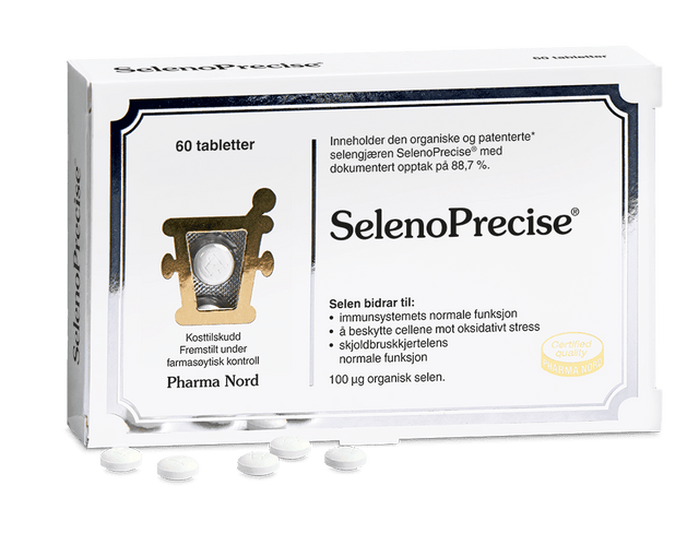 Pharma Nord SelenoPrecise, eske med 60 tabletter og brune tabletter foran Suztain.no