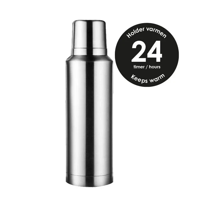 Pulito SteelThermoBottle termos 800 ml sølv i rustfritt stål, sett fra siden med informasjonsmerke